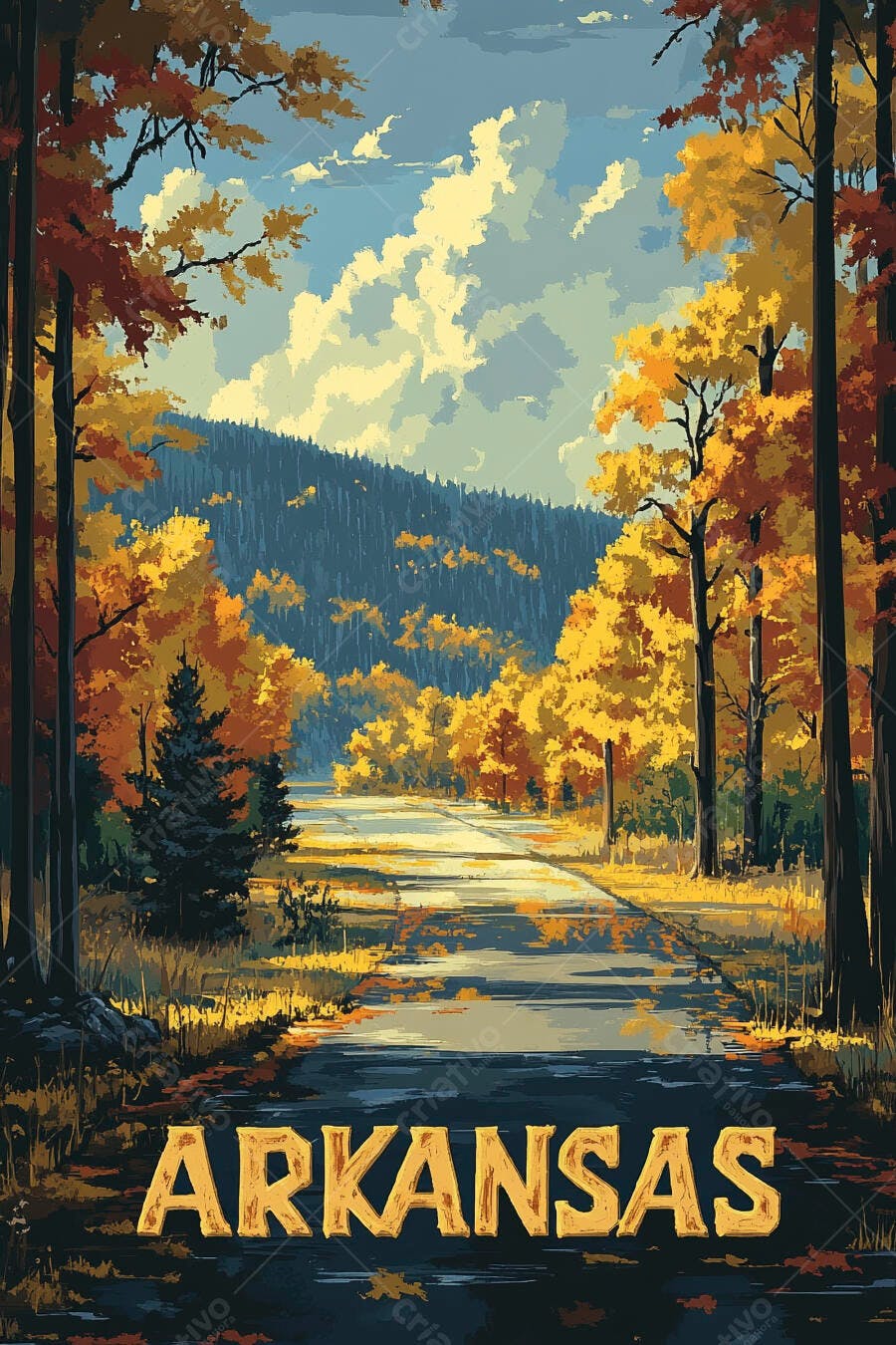 Ilustração Estrada Outono Arkansas Floresta Colorida