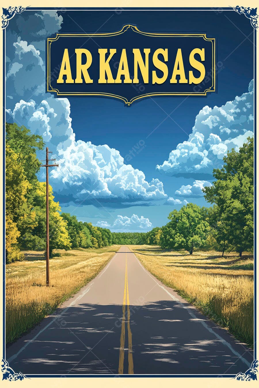 Ilustração Estrada Rural Arkansas Céu Azul Nuvens Brancas