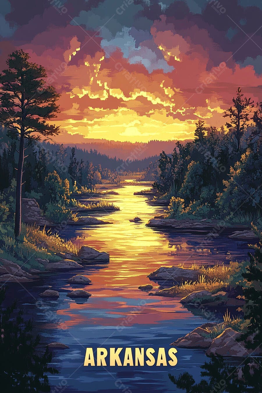 Ilustração Rio Arkansas Pôr do Sol Floresta Montanhas