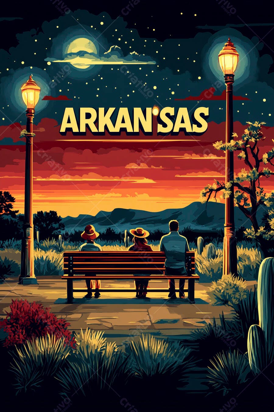 Ilustração Pessoas Banco Pôr do Sol Arkansas Céu Estrelado