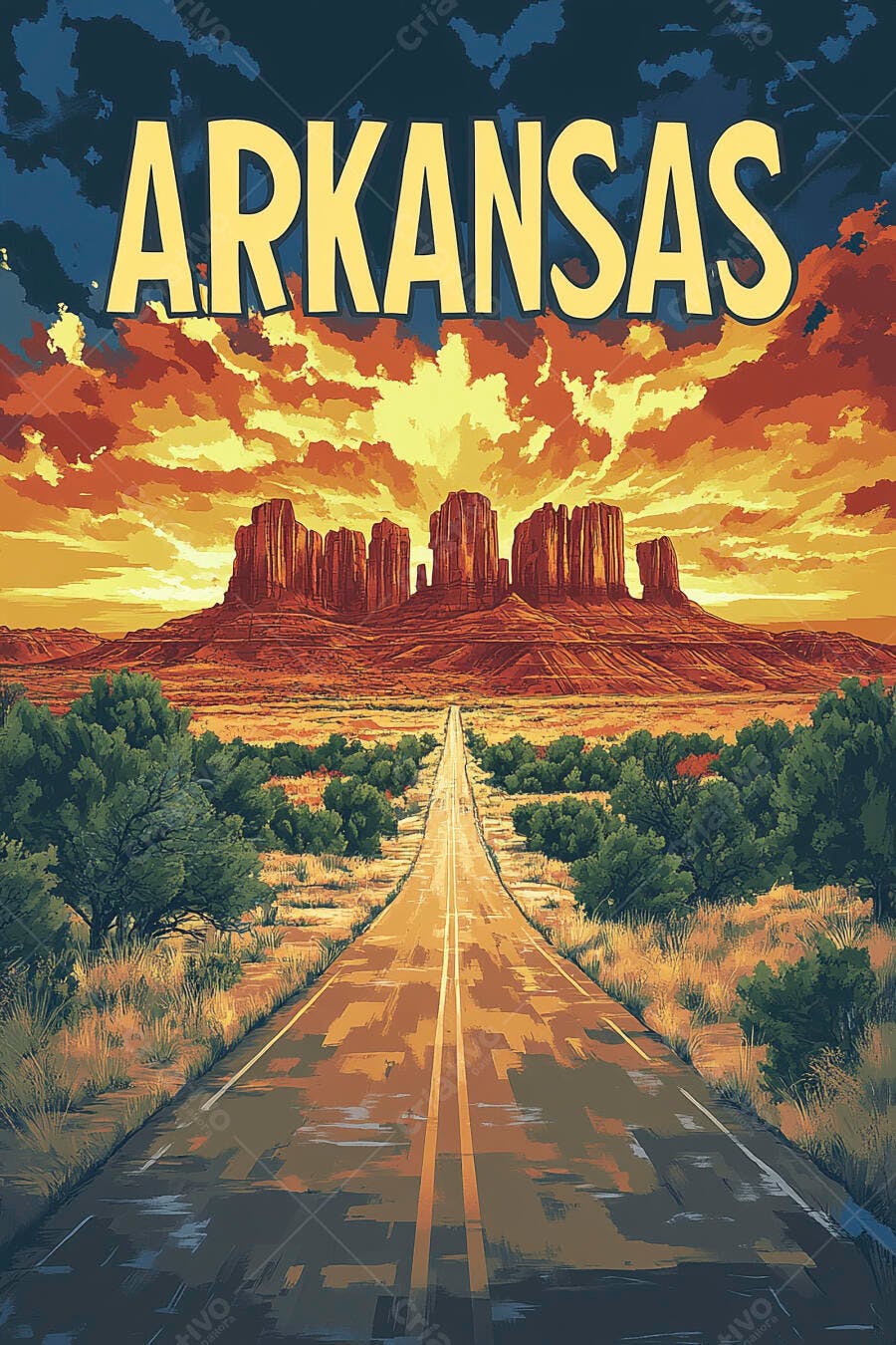 Ilustração Arkansas Estrada Deserto Monument Valley Pôr do Sol