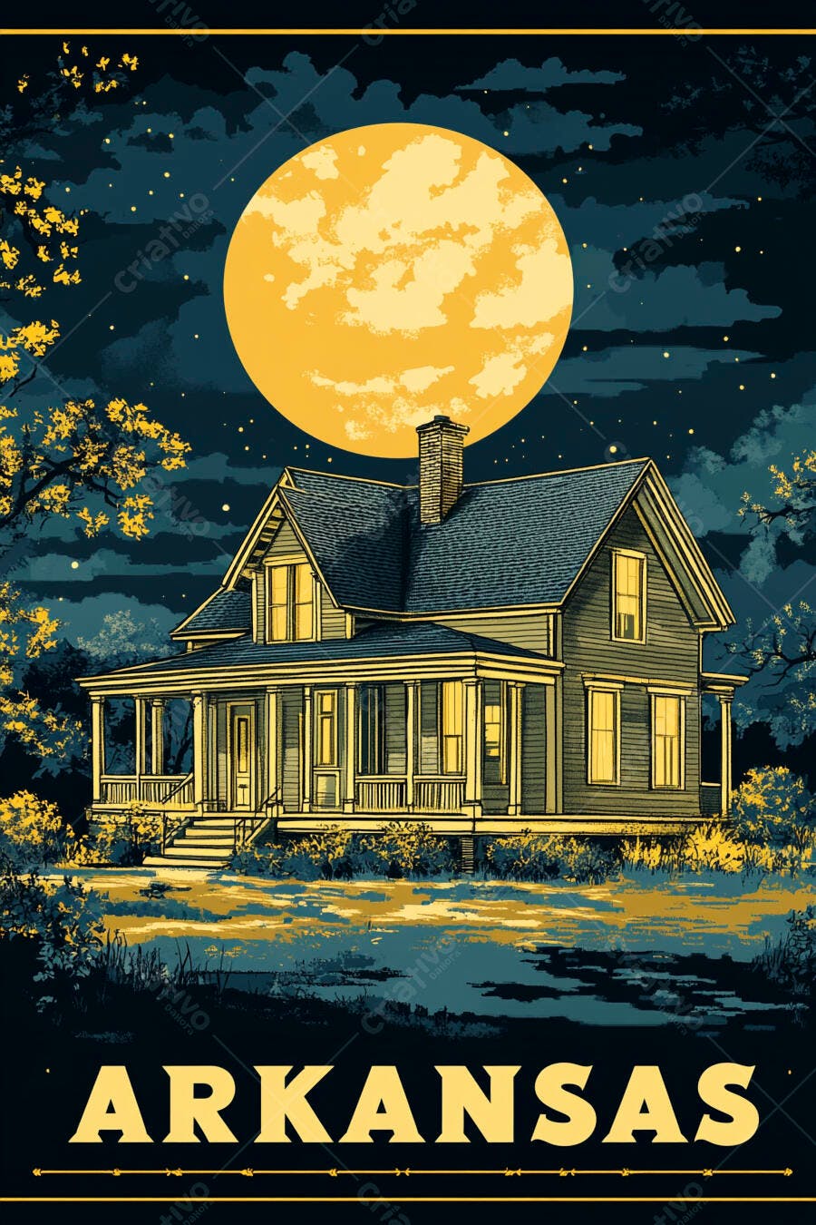 Ilustração Casa Antiga Lua Cheia Noite Estrelada Arkansas