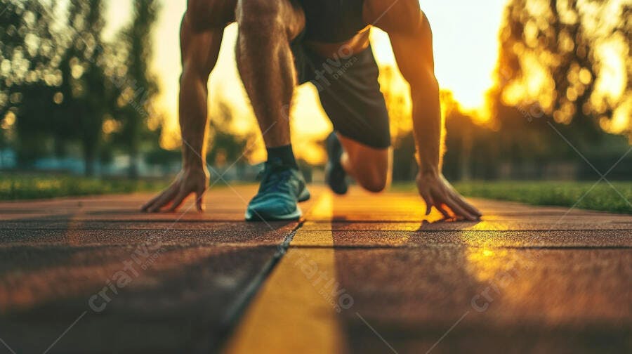 Foto Atleta Masculino Posição de Largada Pista de Corrida Pôr do Sol