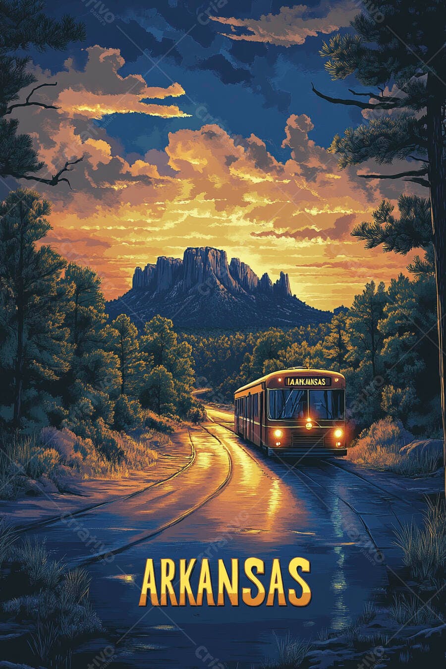 Ilustração Trem em Arkansas Pôr do Sol Montanhas
