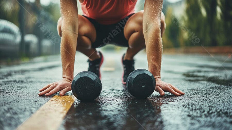 Foto Treino Funcional Mulher Agachada Halteres Rua Chuva