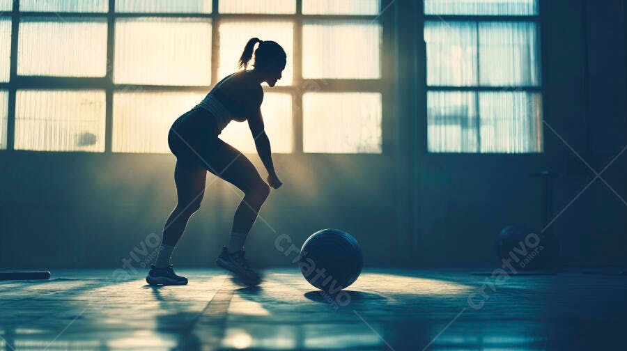 Foto Mulher Treinando com Bola Medicinal Academia Silhueta