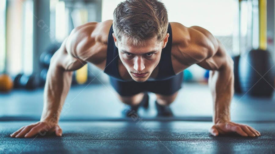 Foto Homem Musculoso Fazendo Flexão Academia Foco Intenso