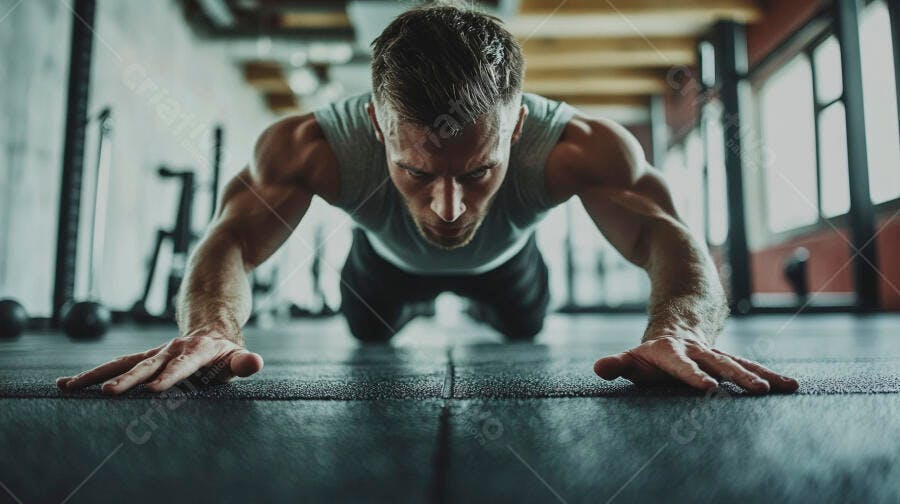 Foto Homem Malhando Flexão Academia Fitness Treino Intenso