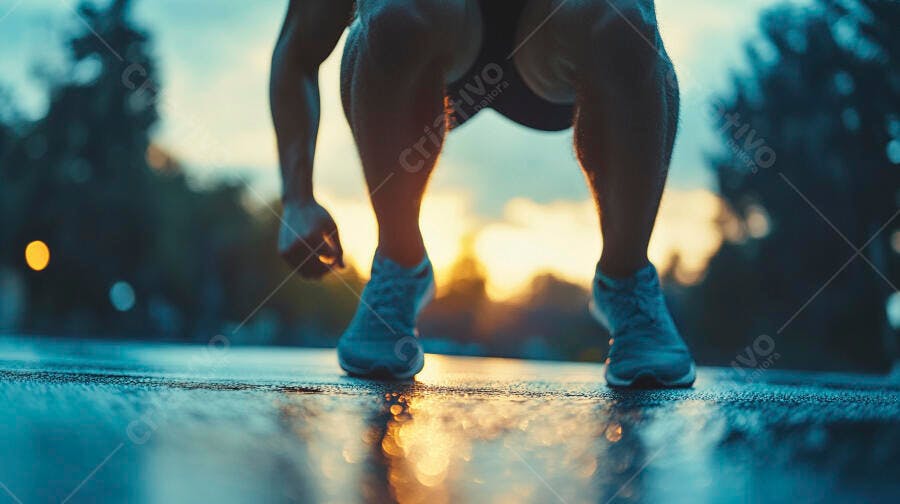 Foto Homem Agachando Treino ao Ar Livre Pôr do Sol Fitness