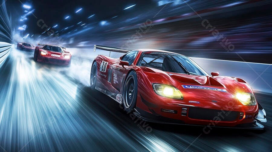 Foto Carro de Corrida Vermelho em Alta Velocidade Pista Noturna