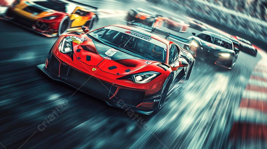 Foto Carro de Corrida Vermelho em Pista de Alta Velocidade