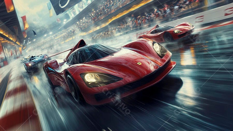 Carro de Corrida Vermelho Pista Molhada Velocidade Ação