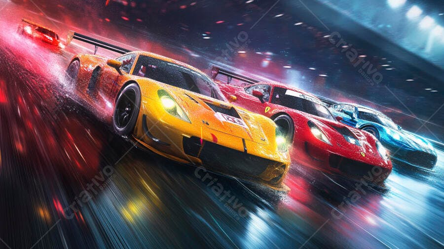 Carros de Corrida Velocidade Pista Noturna Luzes Neon