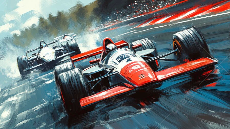 Ilustração Carros de Corrida Fórmula 1 Pista Chuvosa