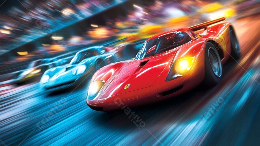 Foto Carro de Corrida Vermelho em Alta Velocidade Pista Noturna