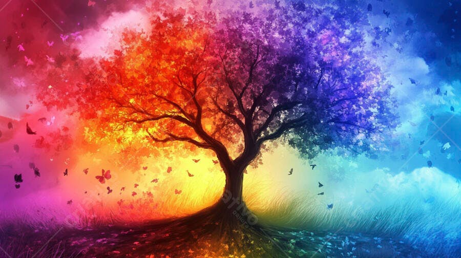 Árvore da Vida Colorida Fantasia Céu Vibrante