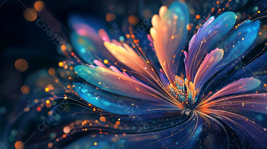 Flor abstrata brilhante com cores vibrantes azuis laranjas e partículas luminosas