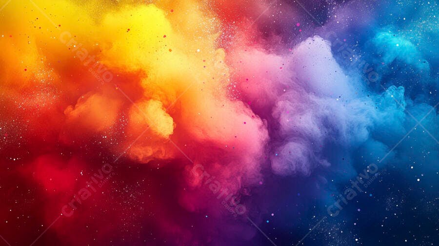 Explosão de pó colorido vibrante com fumaça e brilhos em fundo abstrato