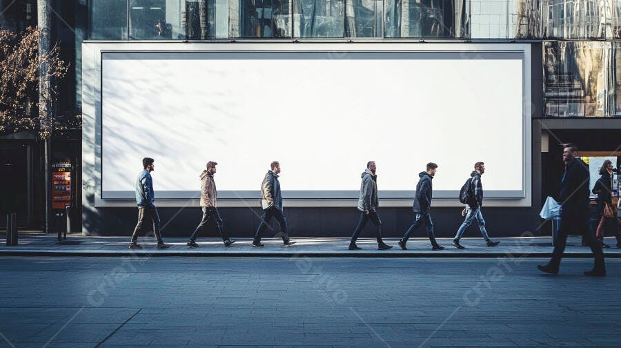 Foto Outdoor Publicitário Branco com Pessoas Andando na Rua