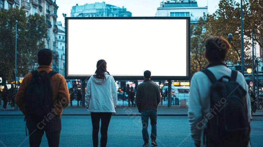 Foto Pessoas Olhando Outdoor Digital Vazio Cidade Noturna
