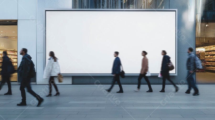 Foto Outdoor Publicitário Branco com Pessoas Andando na Rua