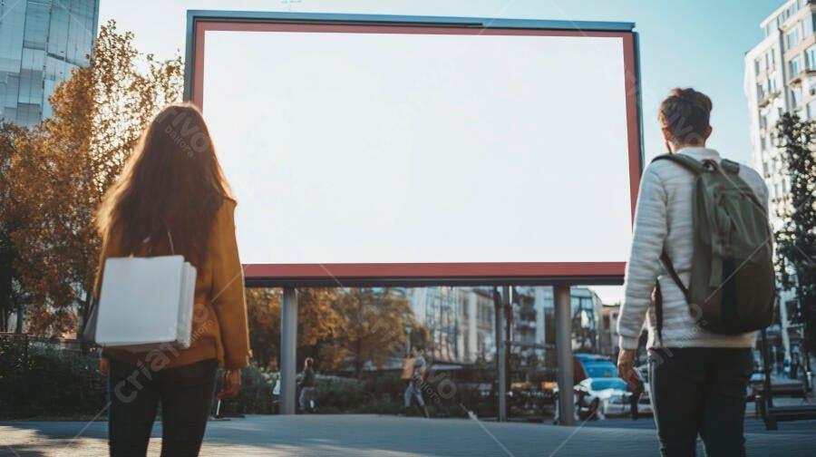 Foto Casal Observando Outdoor em Branco na Cidade