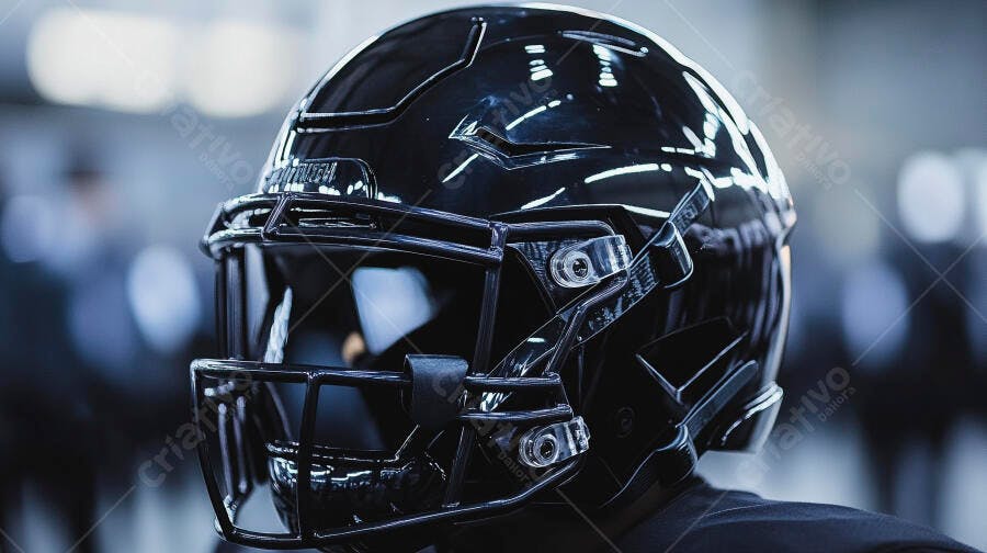 Capacete de futebol americano preto brilhante com grade facial em close-up