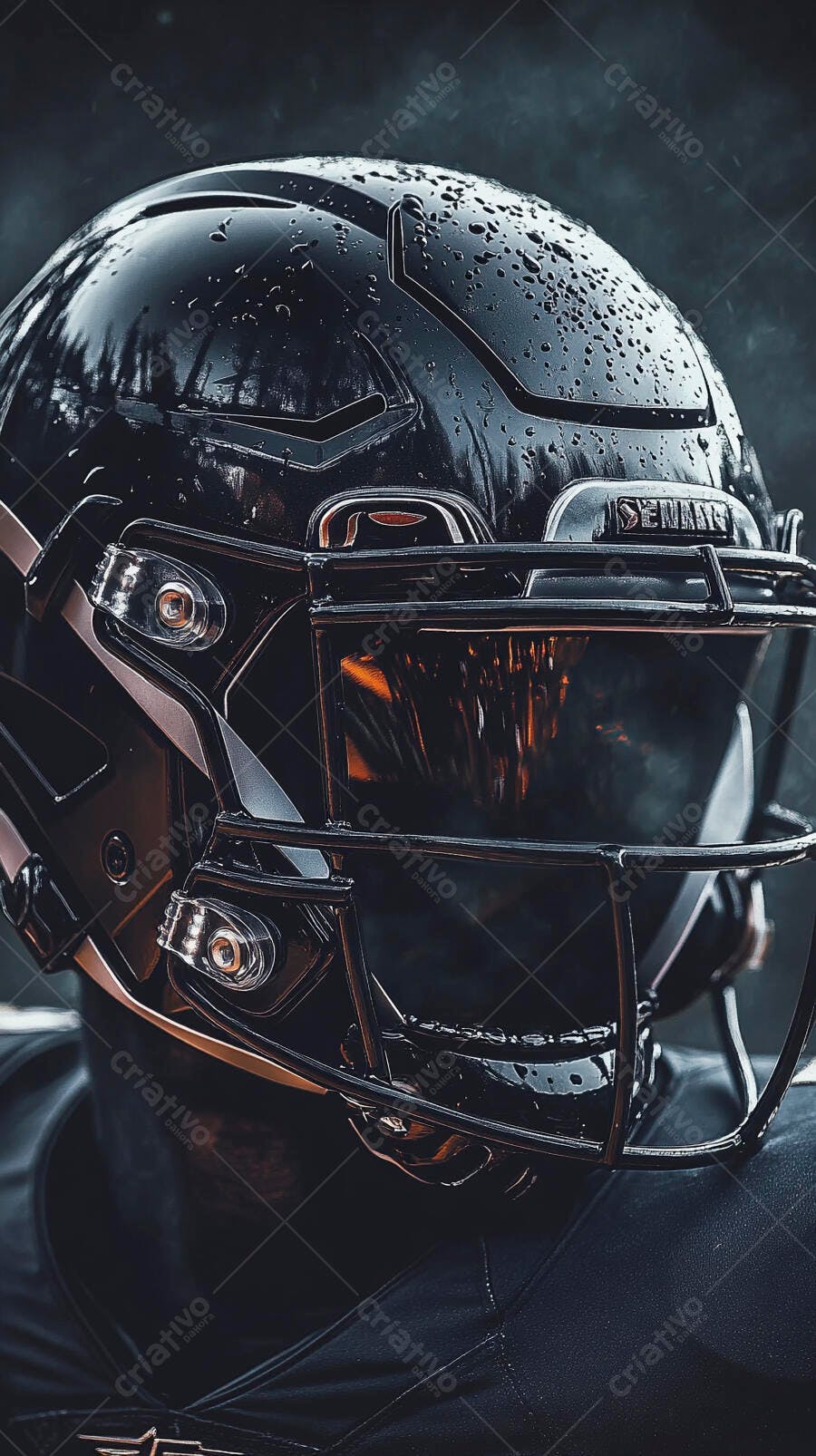 Capacete Futebol Americano Preto Molhado Detalhe Close-up