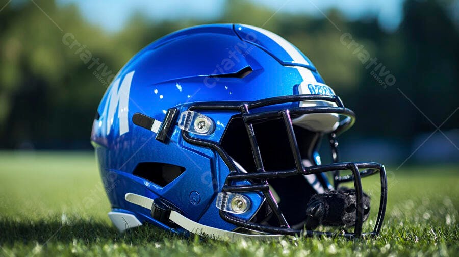 Foto Capacete Futebol Americano Azul Gramado Esporte