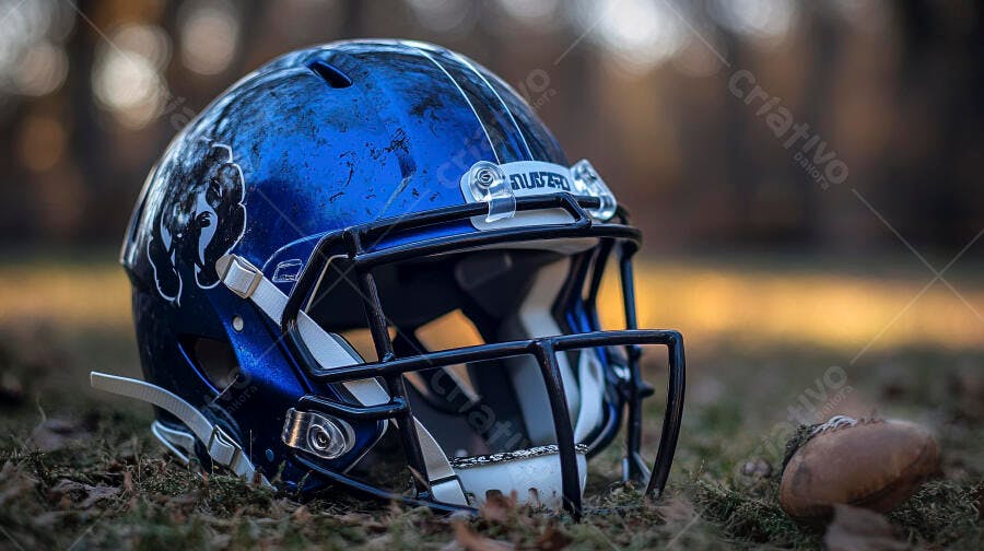 Foto Capacete Futebol Americano Azul Grama Campo Esporte