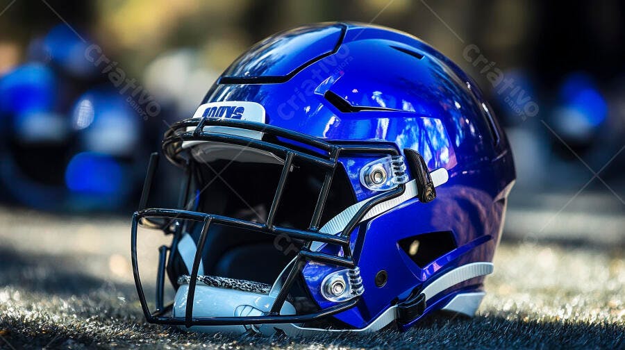 Foto Capacete Futebol Americano Azul Brilhante Gramado Esportivo