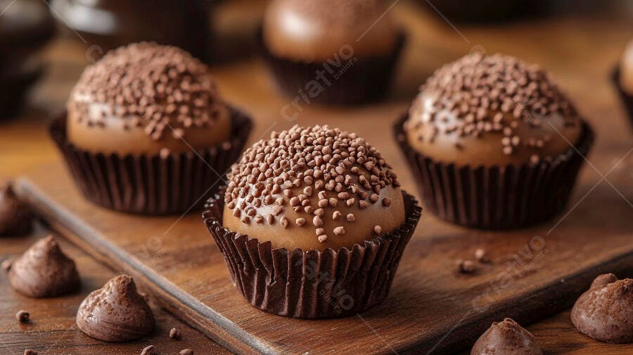 Brigadeiros brasileiros com granulado em forminhas escuras sobre madeira