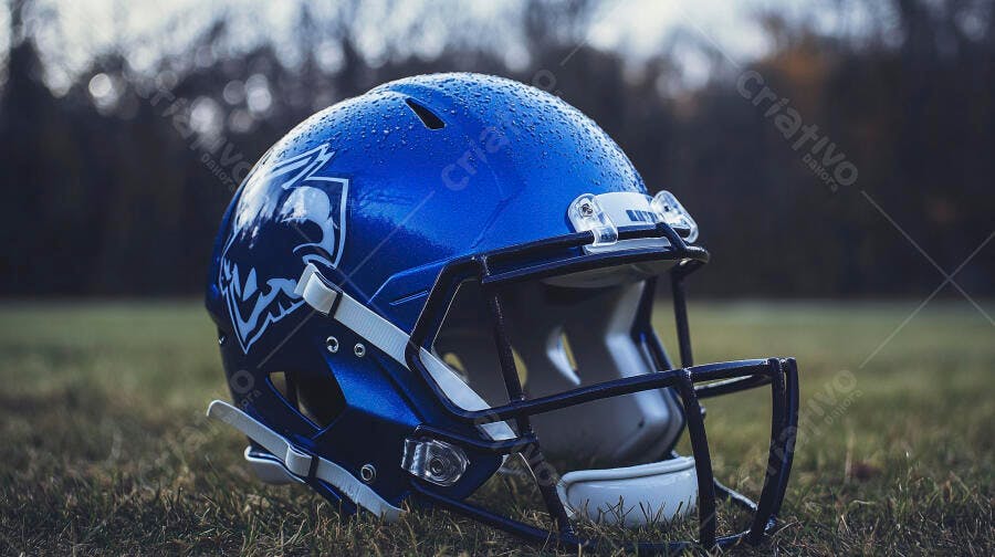 Capacete de futebol americano azul molhado em gramado com gotas de chuva