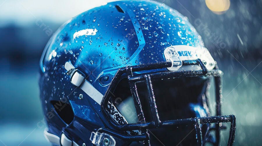 Foto Capacete Futebol Americano Molhado Chuva Azul Escuro