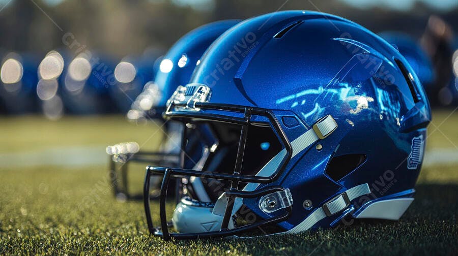 Foto Capacete Futebol Americano Azul Campo Grama Esporte