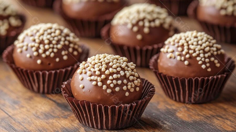 Foto Brigadeiro Gourmet com Granulado Branco Mesa Madeira