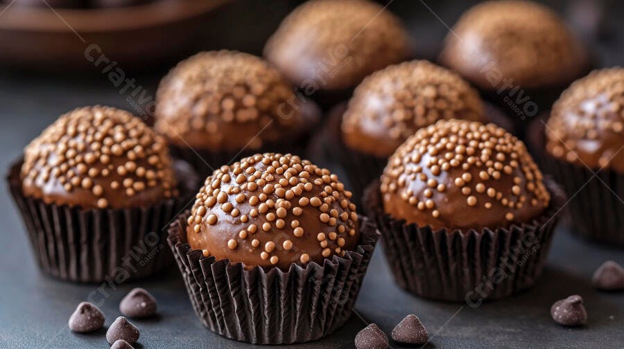 Foto Cupcakes de Chocolate com Granulado Dourado Fundo Escuro