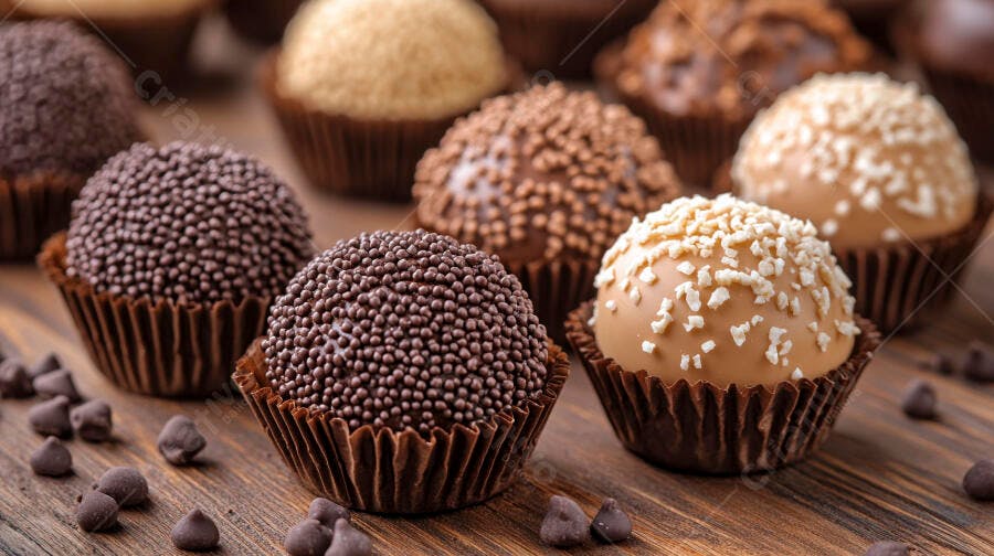 Foto Brigadeiros Gourmet Chocolate Granulado Mesa Madeira