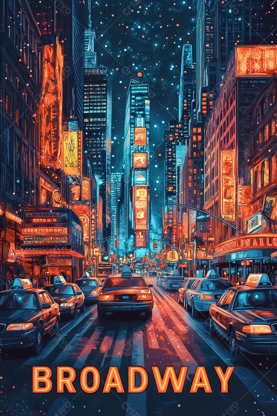 Foto Broadway Nova York Noite Iluminada Carros Taxis