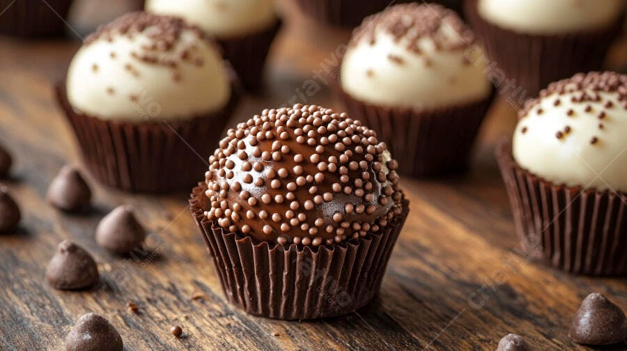 Foto Brigadeiro Gourmet Chocolate Granulado Mesa Madeira