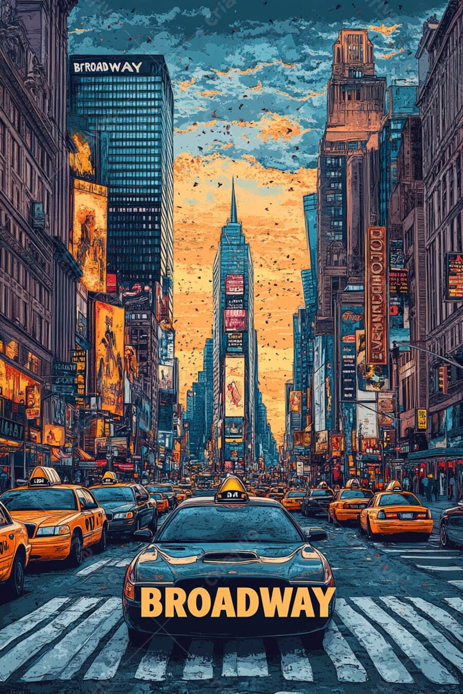 Ilustração Broadway Nova York Taxis Amarelos Pôr do Sol
