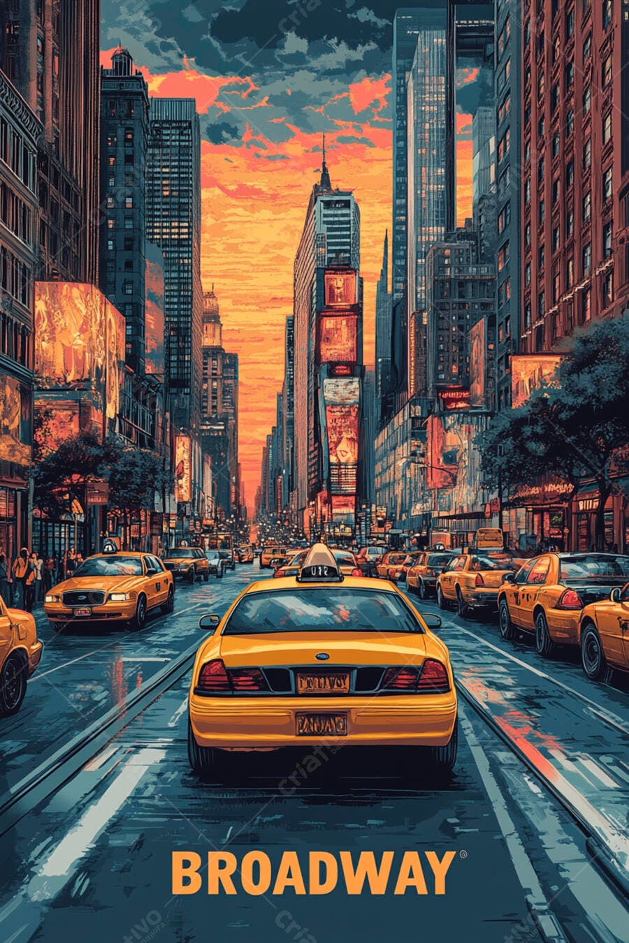 Ilustração Broadway Nova York Táxis Amarelos Pôr do Sol