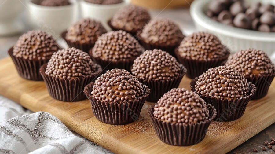Foto Brigadeiros Tradicionais com Granulado em Tabuleiro de Madeira