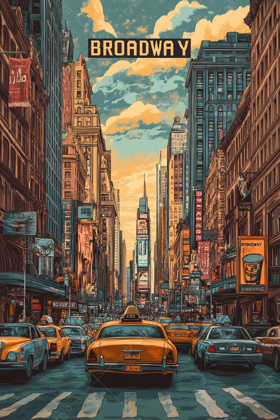 Ilustração Broadway Nova York Táxis Amarelos Trânsito Urbano