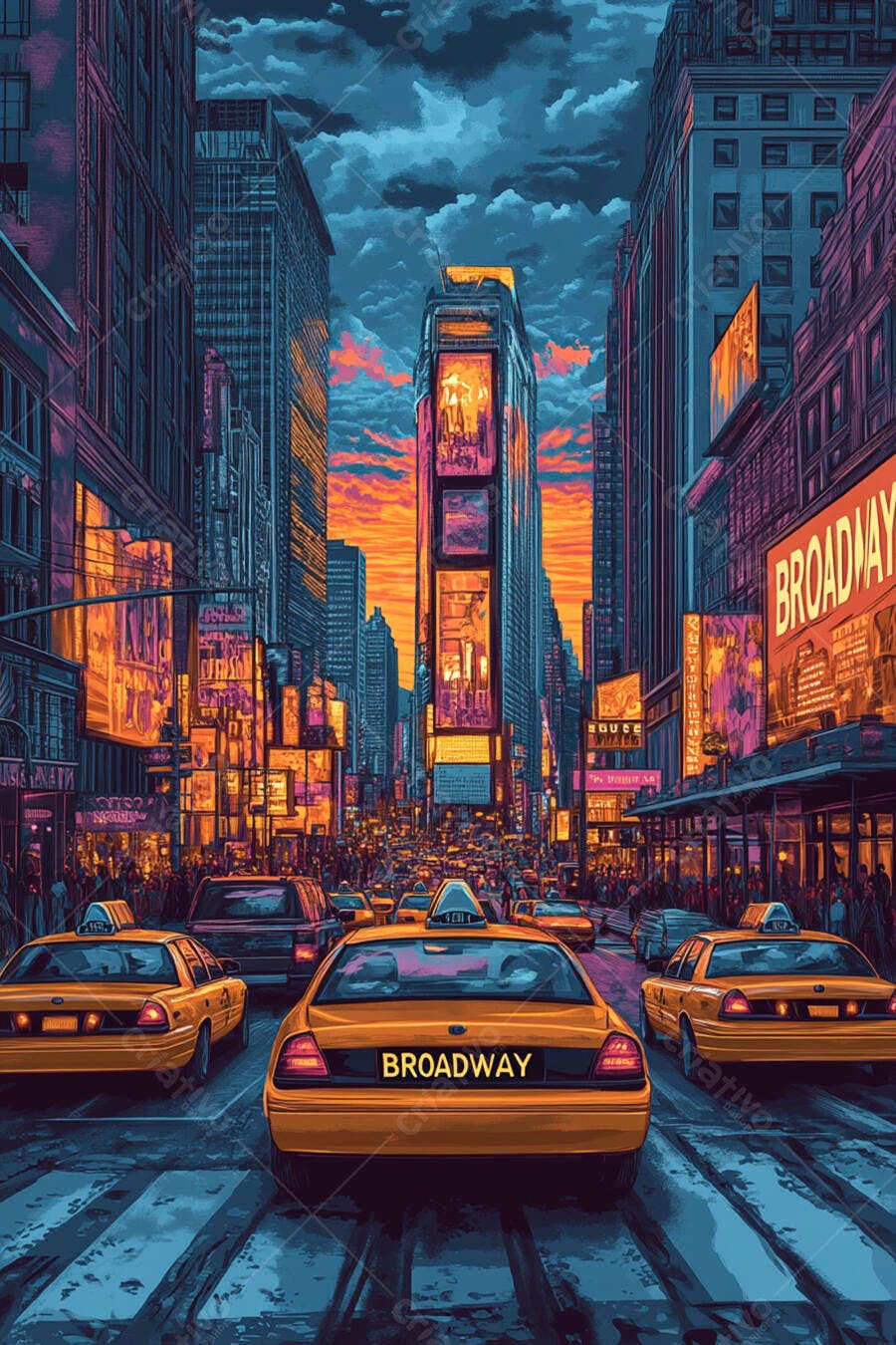 Foto Broadway Nova York Táxis Amarelos Crepúsculo Urbano
