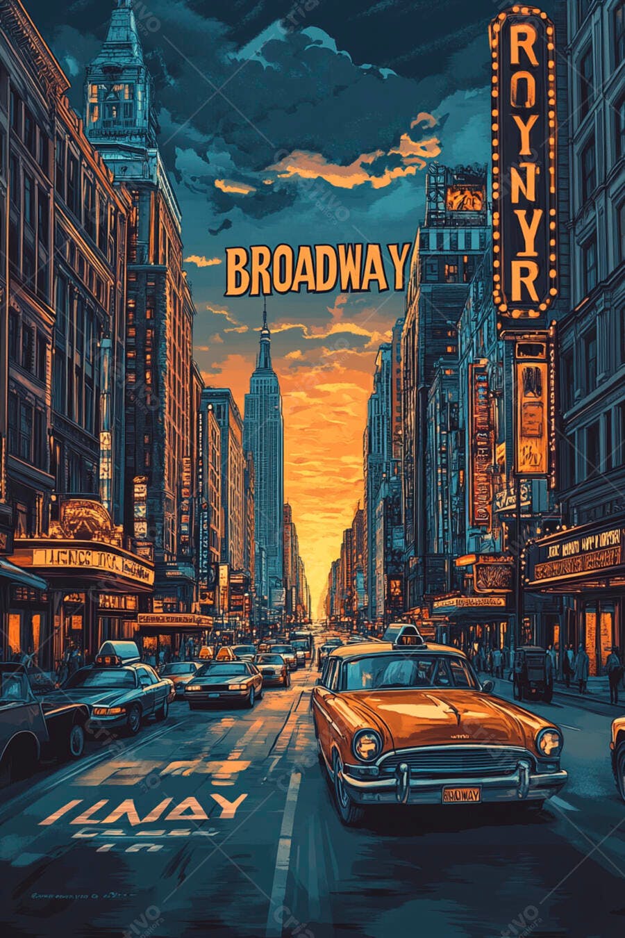 Ilustração Broadway Nova York Pôr do Sol Carros Antigos