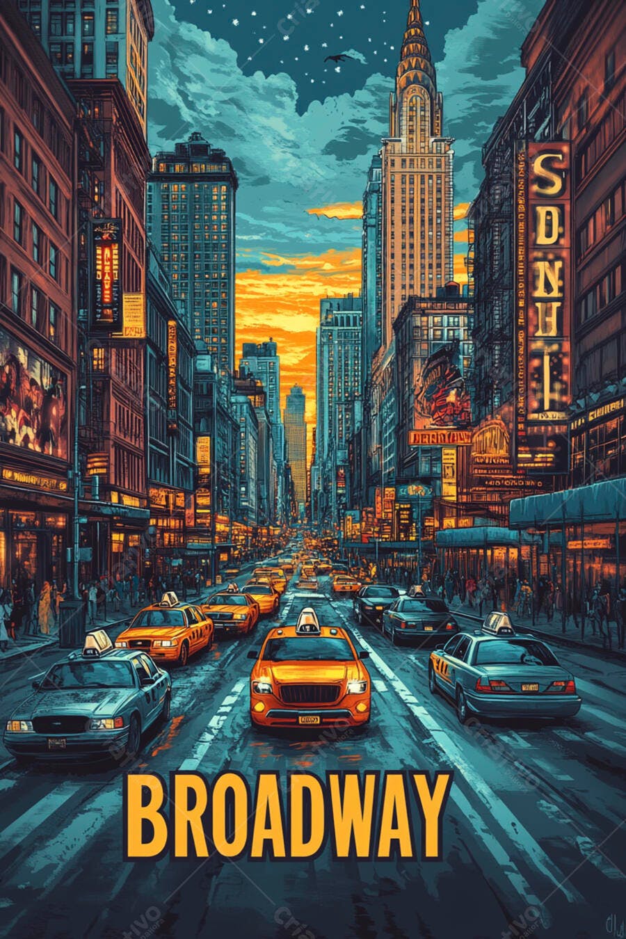 Ilustração Broadway Nova York Taxis Amarelos Entardecer
