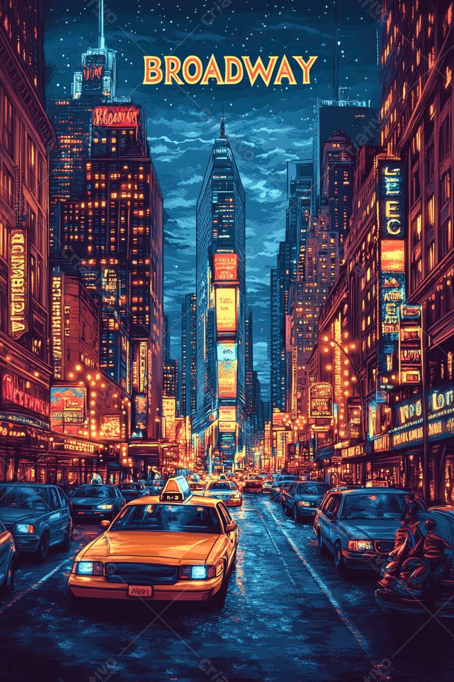 Ilustração Broadway Nova York Noite Luzes Neons Taxis