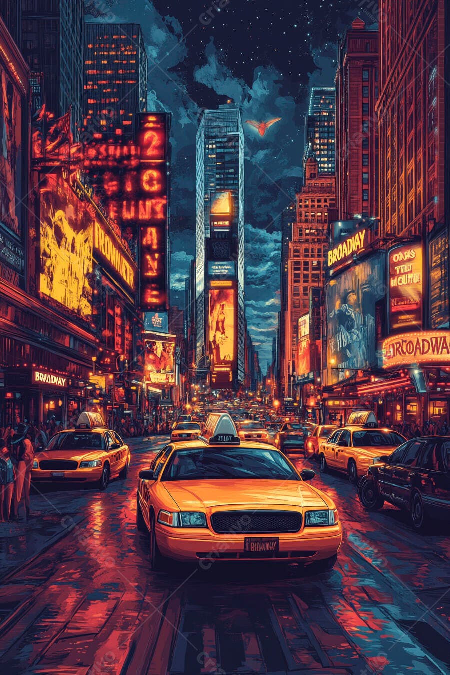 Foto Táxis Amarelos Broadway Nova York Noite Iluminada