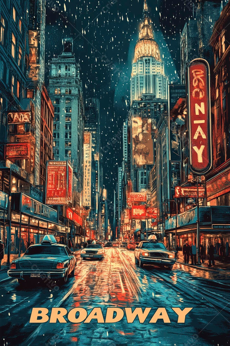 Ilustração Broadway Nova York Noite Chuva Neon
